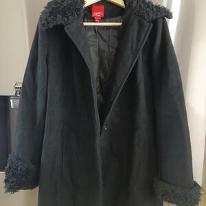 Esprit Women's Black Coat with Faux Fur Trim